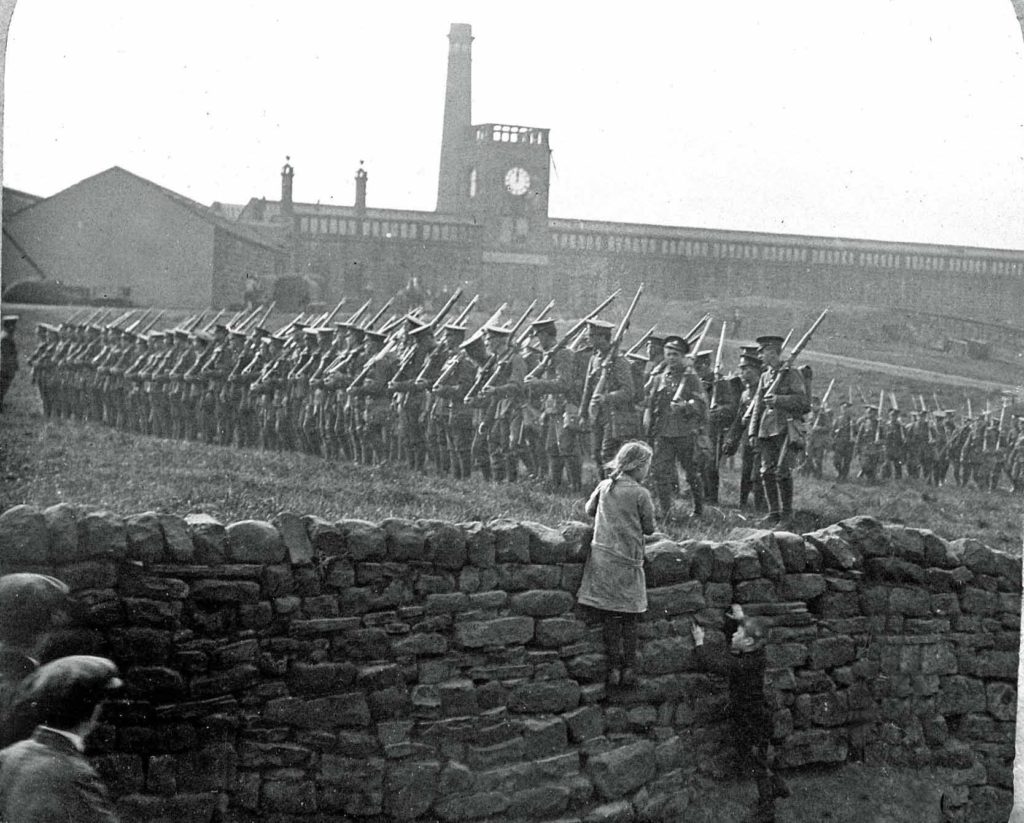 1915 - Army Recruitment.   View of Westfield Mills from Kirk Lane, Yeadon (now Homebase store in building on far left)